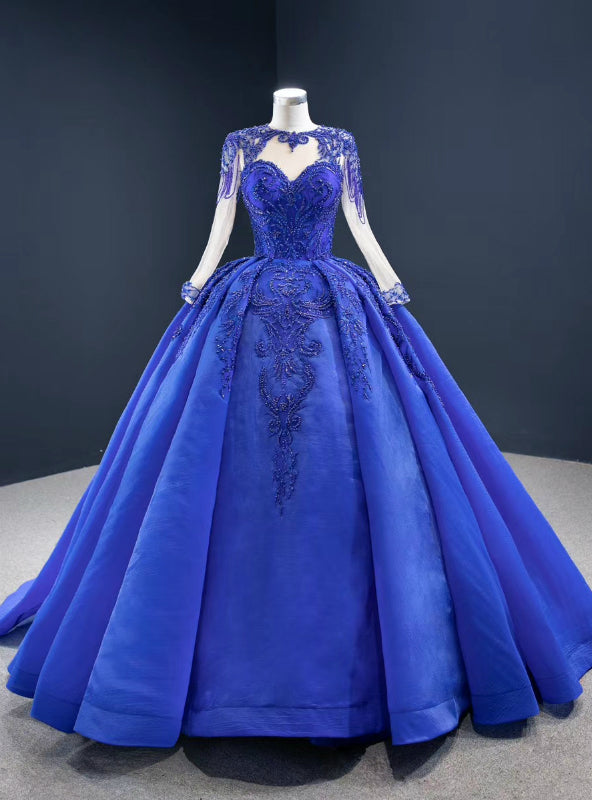 Fit Your Body Type Royal Blue Ball Gown Organza Beading Long Sleeve Prom Dress