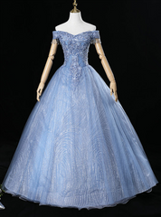 For The Very Best In Unique Or Custom. Blue Ball Gown Tulle Sequins Off the Shoulder Beading Quinceanera Dresses