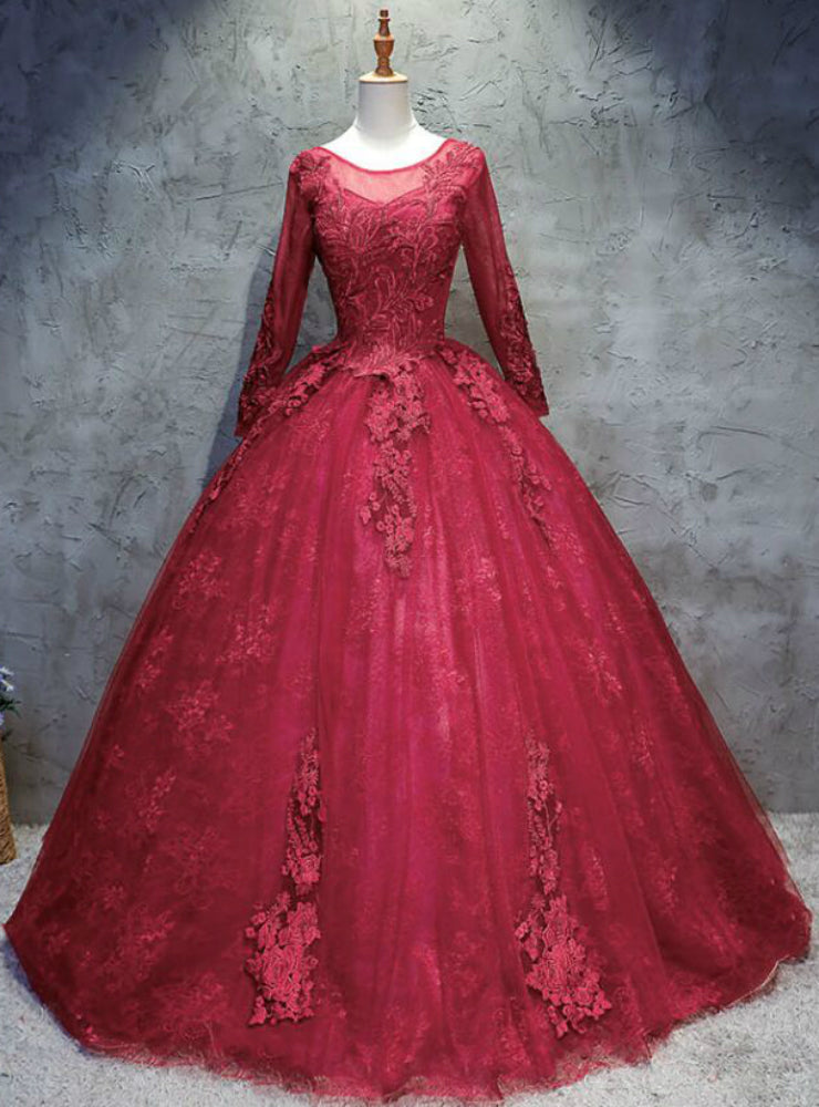 For This Year Biggest Dance Burgundy Ball Gown Long Sleeve Appliques Beading Quinceanera Dress