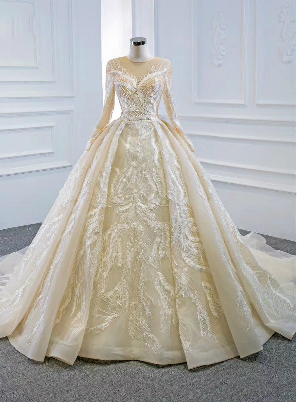 For You Champagne Ball Gown Tulle Appliques Long Sleeve Beading Wedding Dress