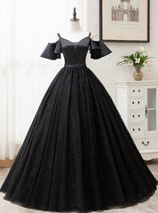 For Your Big Night Black Ball Gown Tulle Spagehtti Straps Quinceanera Dress