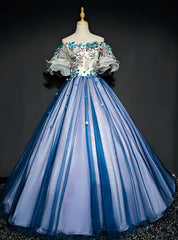 For Your Big Night Blue Ball Gown Tulle Off the Shoulder Puff Sleeve Quinceanera Dress