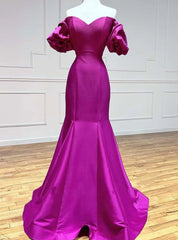 Fuchsia Mermaid Satin Strapless Puff Sleeve Prom Dress