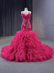 Fuchsia Mermaid Strapless Beading Prom Dress