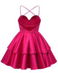 Hot Pink Satin Homecoming Dress Sweetheart Neck Tiered Short Graduation Dresses