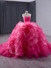 Fuchsia Tulle Strapless Pleats Tiers Princess Dress