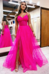 Fuchsia V-Neck Sheer Bodice A-Line Long Prom Dress with Slit