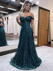 Glitter Mermaid Off The Shoulder Dark Green Long Prom Dress