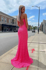 Glitter Straps Hot Pink Sequins Prom Gown with Slit