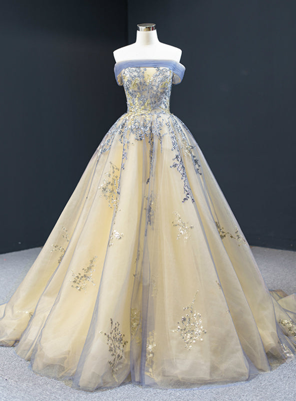 Gold Ball Gown Tulle Off the Shoulder Sequins Prom Dress