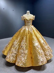 Gold Sequins Ball Gown Appliques Prom Dress