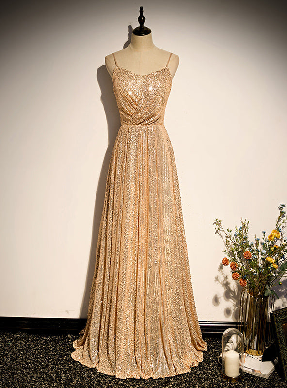 Gold Sequins Spaghetti Straps Prom Dress