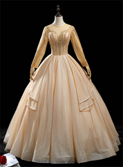 Gold Tulle High Neck Long Sleeve Beading Quinceanera Dress