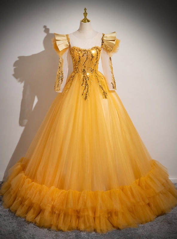 Gold Tulle Sequins Long Sleeve Backless Quinceanera Dress