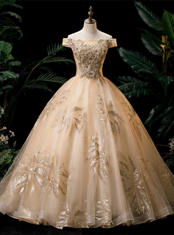 Gold Tulle Sequins Off the Shoulder Appliques Quinceanera Dress