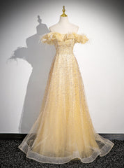 Gold Tulle Sequins Off the Shoulder Prom Dress