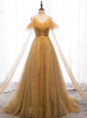 Gold Tulle Sequins Spaghetti Straps Backless Beading Prom Dress