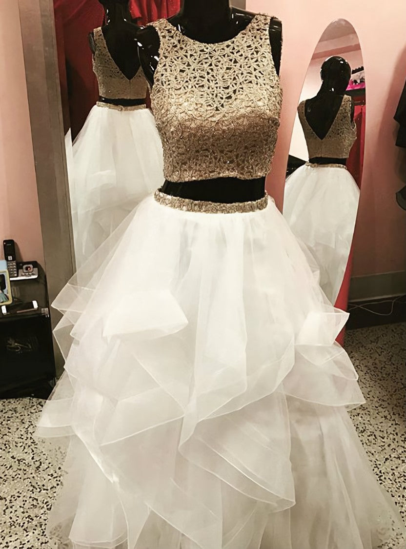 Gold White Ball Gowns Two Piece Tulle Backless Prom Dress