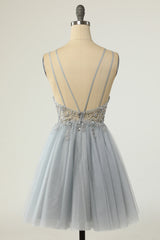 Gorgeous Grey Homecoming Dresses A Line Spaghetti Straps Short Prom Dresses with Beading