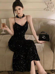 Gorgeous Sheath Spaghetti Straps Black Sequin Evening Dress Prom Dresses Birthday Outfits