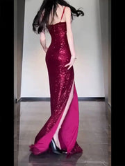 Gorgeous Sheath Spaghetti Straps Burgundy Sequin Long Evening Dress Prom Dresses Birthday Outfits