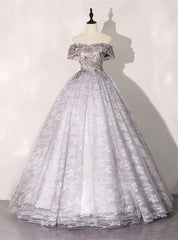 Gray Ball Gown Lace Off the Shoulder Appliques Quinceanera Dress