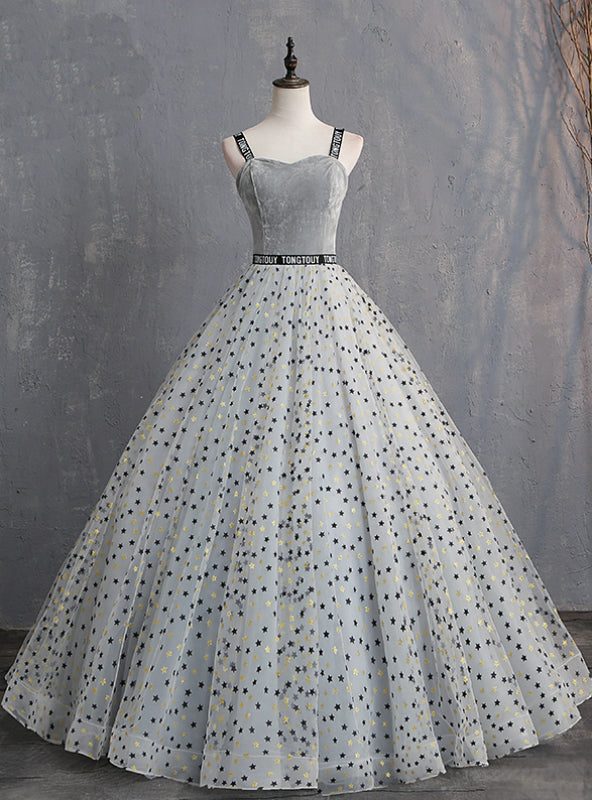 Gray Ball Gown Straps Star Print Long Quinceanera Dresses