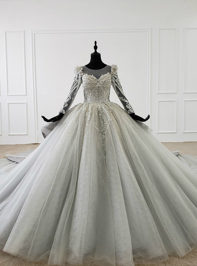 Gray Ball Gown Tulle Seuqins Beading Long Sleeve Wedding Dress With Long Train