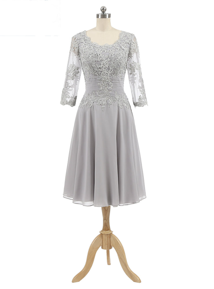 Gray Chiffon Appliques 3/4 Sleeve Knee Length Mother of The Bride Dress