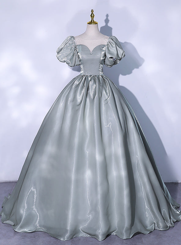 Gray Green Puff Sleeve Quinceanera Dress