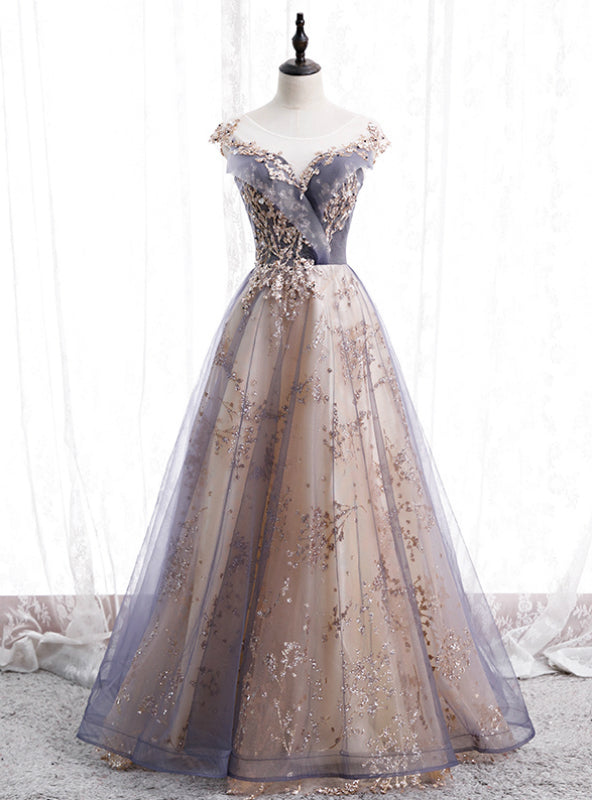 Gray Tulle Cap Sleeve Sequins Beading Long Prom Dress