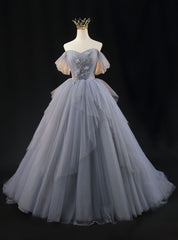 Gray Tulle Off the Shoulder Pleats Beading Prom Dress