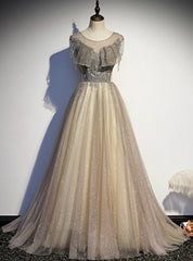 Gray Tulle Sequins Backless Tassel Beading Prom Dress