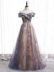 Gray Tulle Sequins Beading Off the Shoulder Prom Dress