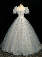 Gray Tulle Sequins Beading Puff Sleeve Quinceanera Dress