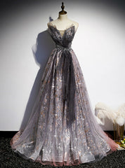 Gray Tulle Sequins Sweetheart Beading Prom Dress