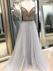 Gray Tulle Spaghetti Straps Backless Beading Sequins Prom Dress