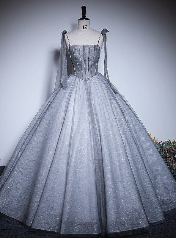 Gray Tulle Spaghetti Straps Pearls Quinceanera Dress