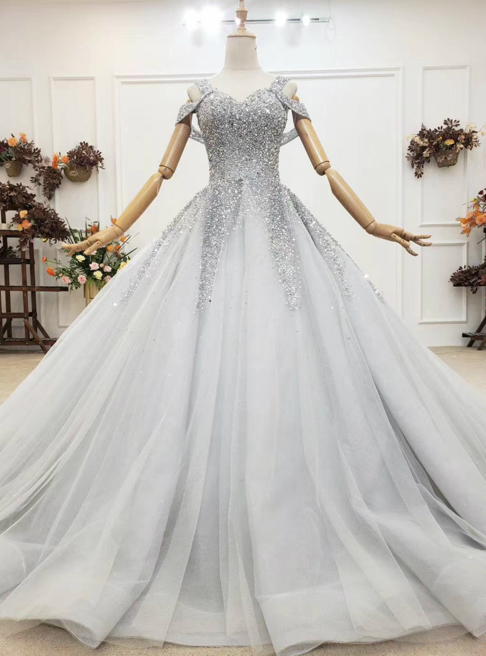 Great Choice Gray Ball Gown Tulle Straps Sleeveless Beading Sequins Wedding Dress