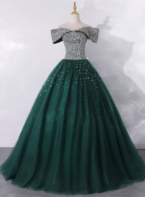 Green Ball Gown Tulle Off the Shoulder Beading Quinceanera Dress