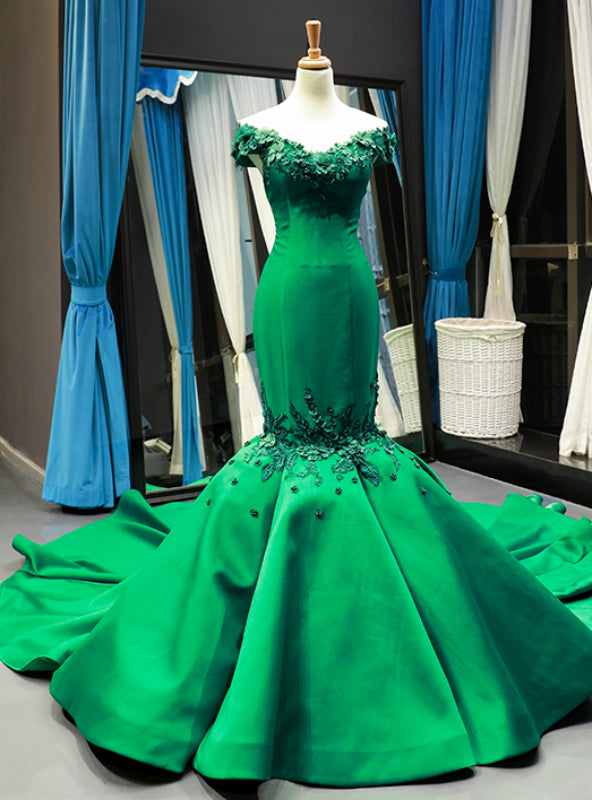 Green Mermaid Satin Off the Shoulder Appliques Prom Dress With Train