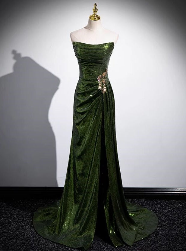 Green Mermaid Sequins Strapless Pleats Prom Dress