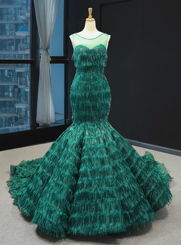 Green Mermaid Sequins Tassel Backless Prom Dress With Long Train