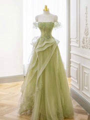 Green Off Shoulder Lace Long Prom Dress, Green Formal Dress