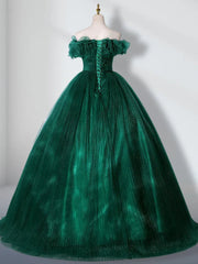 Green Off Shoulder Tulle Long Quinceanera Dresses