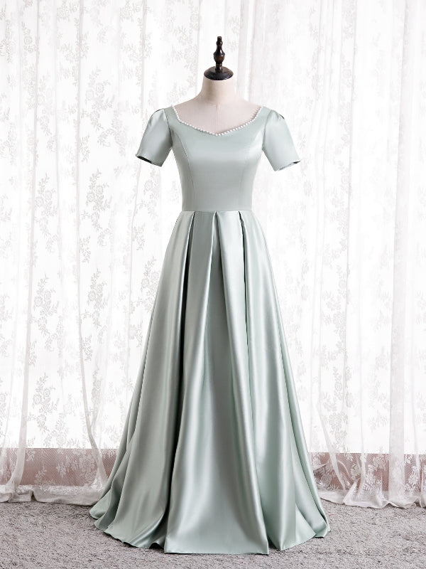 Green Satin Square Short Sleeve Prom Dress