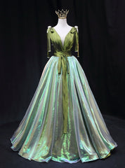 Green Satin V-neck Pleats V-neck Prom Dress