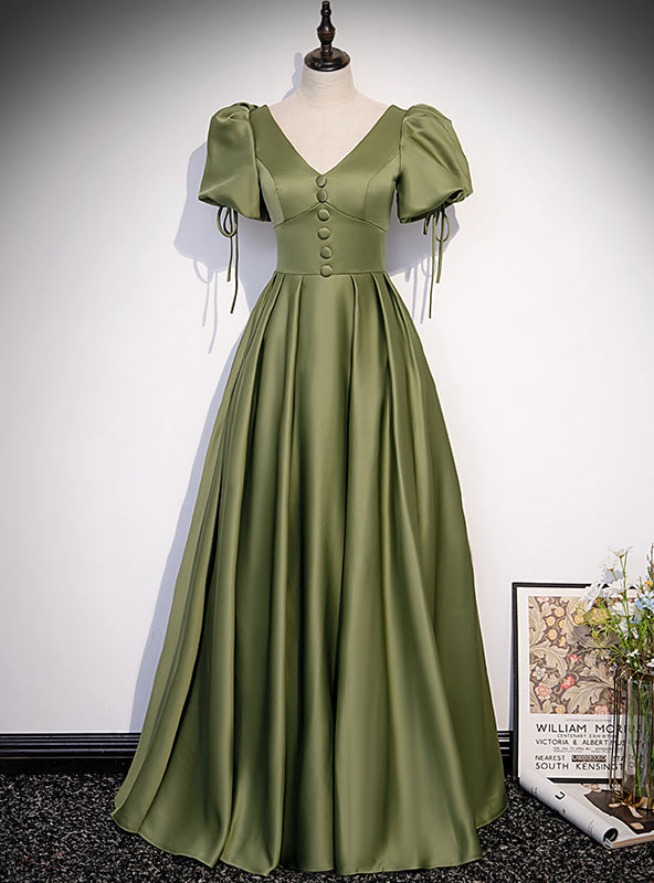 Green Satin V-neck Puff Sleeve Button Prom Dress