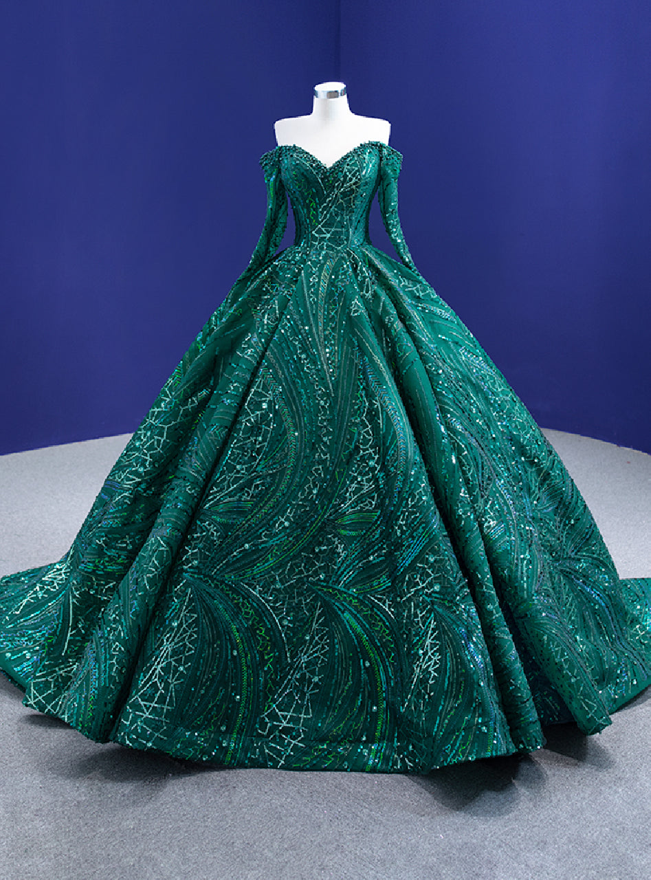 Green Sequins Long Sleeve Off the Shoulder Prom Dress