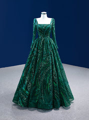 Green Sequins Square Long Sleeve Prom Dress